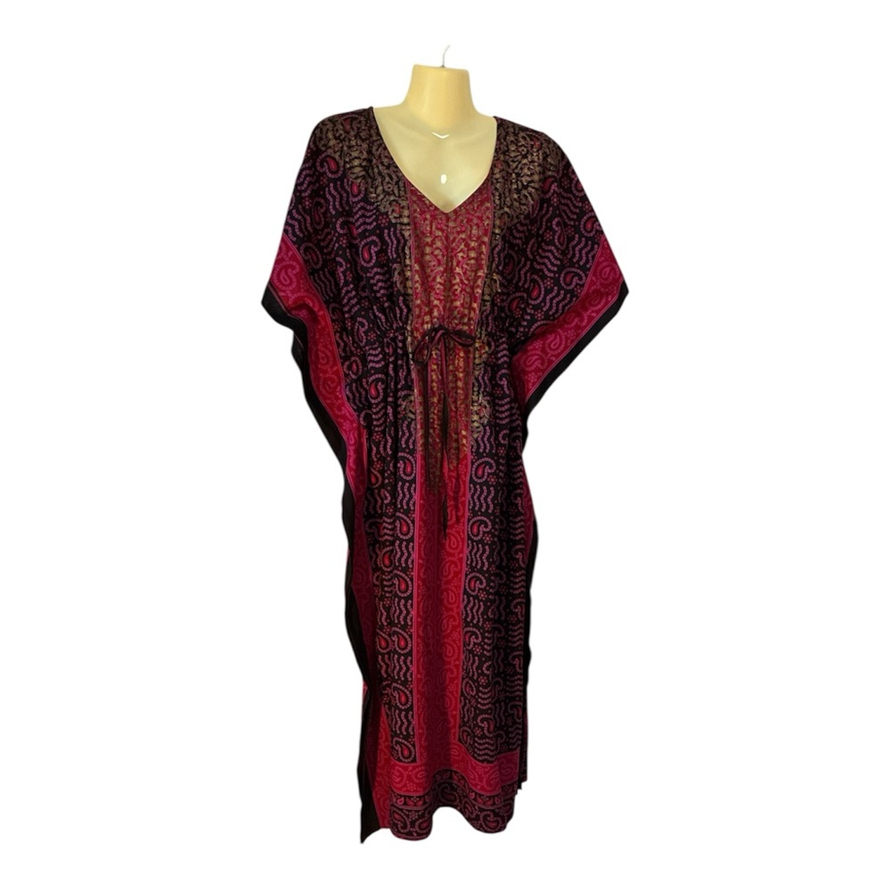 J Gee Kaftan Maxi Dress Adjustable Waist Mrs. Roper Boho Beach Purple Black OS